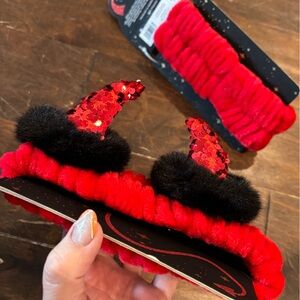 Red Sequin Devil Horn Spa Headband with Black Faux Fur